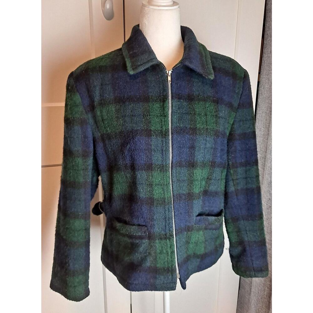 153. J.F.II vintage Wool blend plaid zip jacket blue and green Tartan large